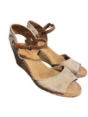 Lucky Brand Kyndra Espadrille Wedge Sandals Size 9.5M Beige Canvas Faux Leather